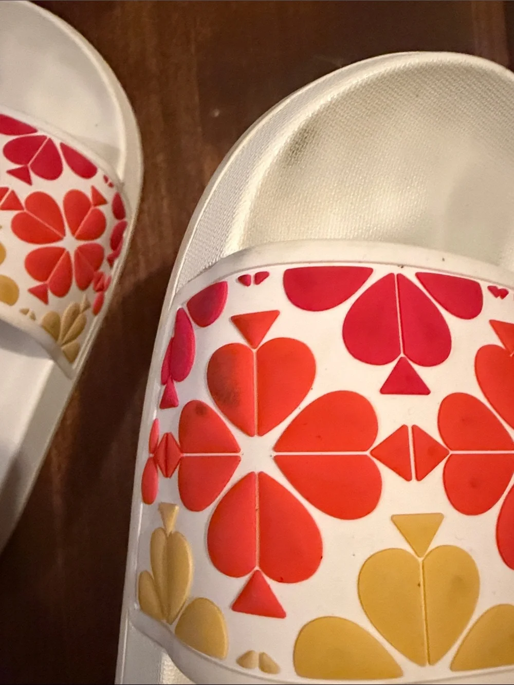 kate spade White Slide Sandals with Pink, Orange & Yellow Floral Motif
